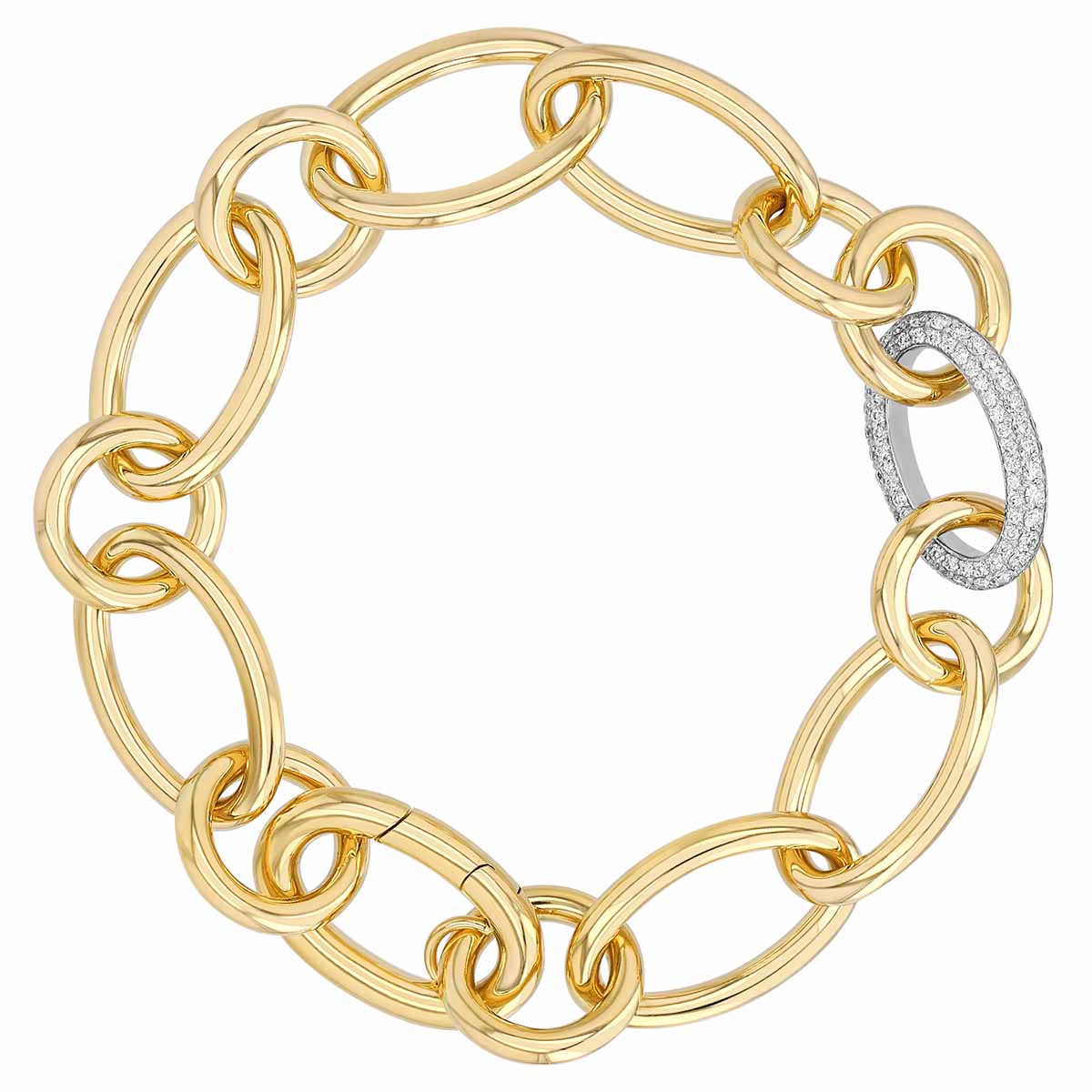 Roberto Coin Yellow Gold Oval & Circle Link Bracelet with Single Diamond Link in Two Tone, 7.5