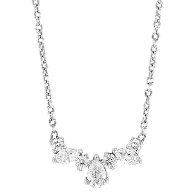 Multi-Shape Diamond Curved Bar Pendant in White Gold, 18"