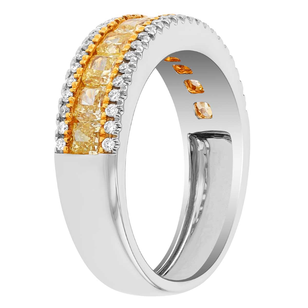 Cushion Cut Fancy Yellow Diamond & Round White Diamond Ring in White Gold