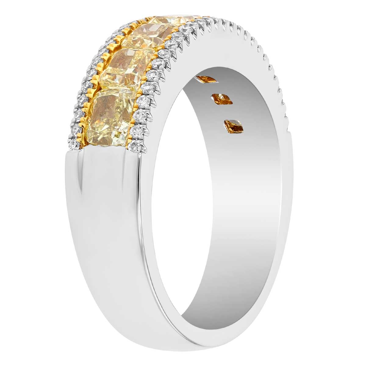 Cushion Cut Fancy Yellow Diamond & Round White Diamond Ring in White Gold