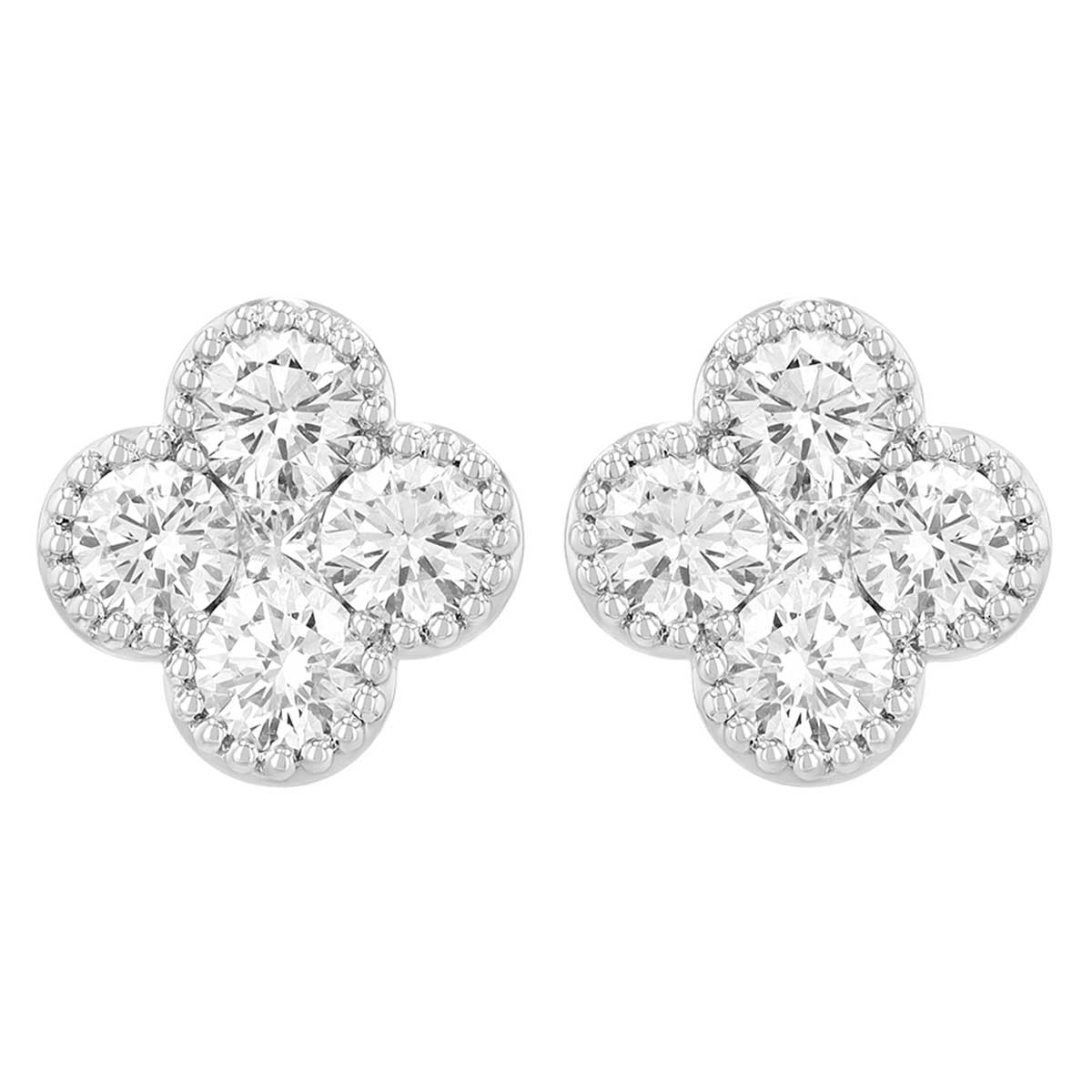 Diamond Cluster Clover Stud Earrings in White Gold