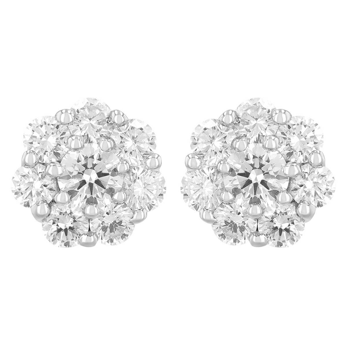 Diamond Cluster Floral Stud Earrings in White Gold, 0.94 cttw