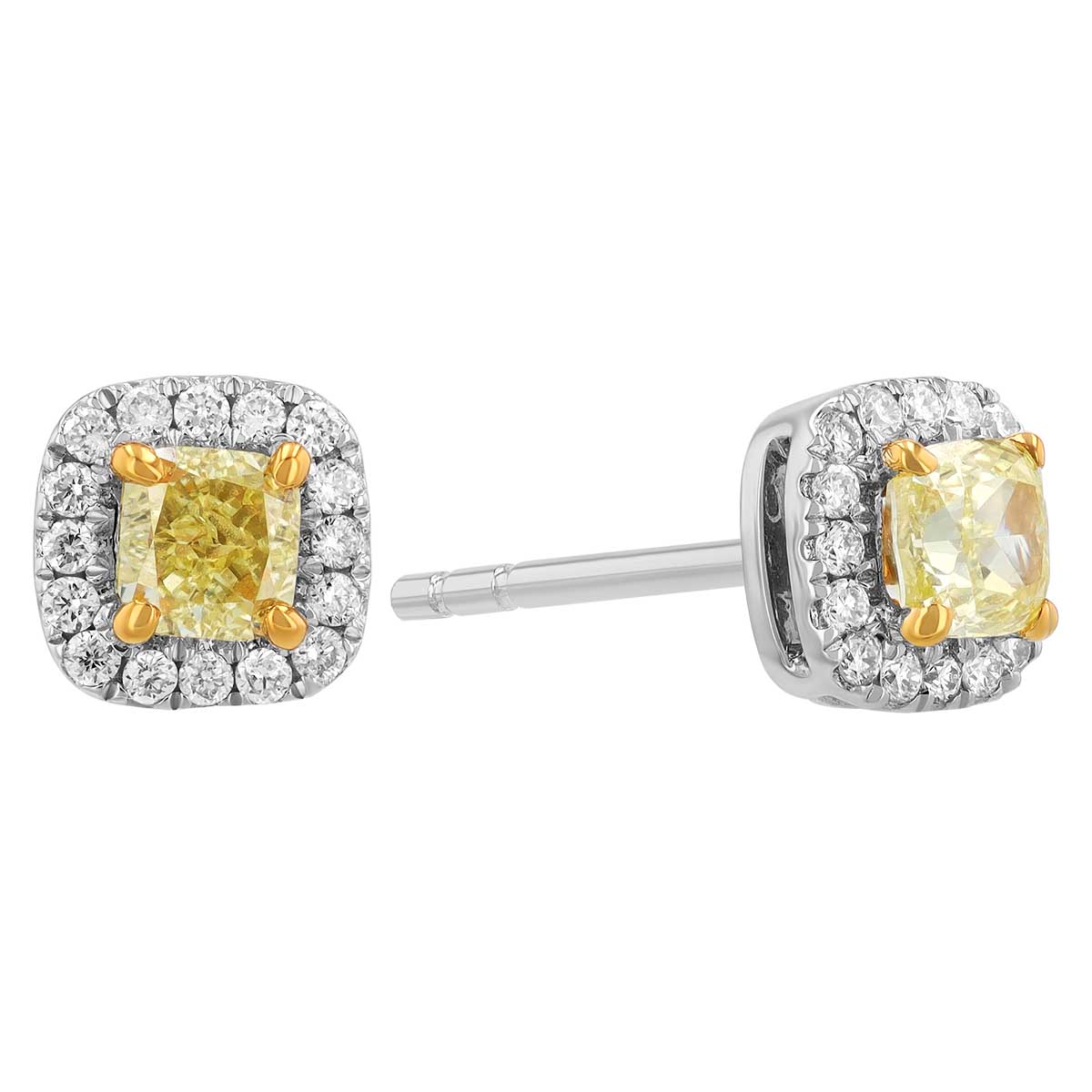 Cushion Cut Fancy Yellow Diamond & White Diamond Halo Stud Earrings in Two Tone