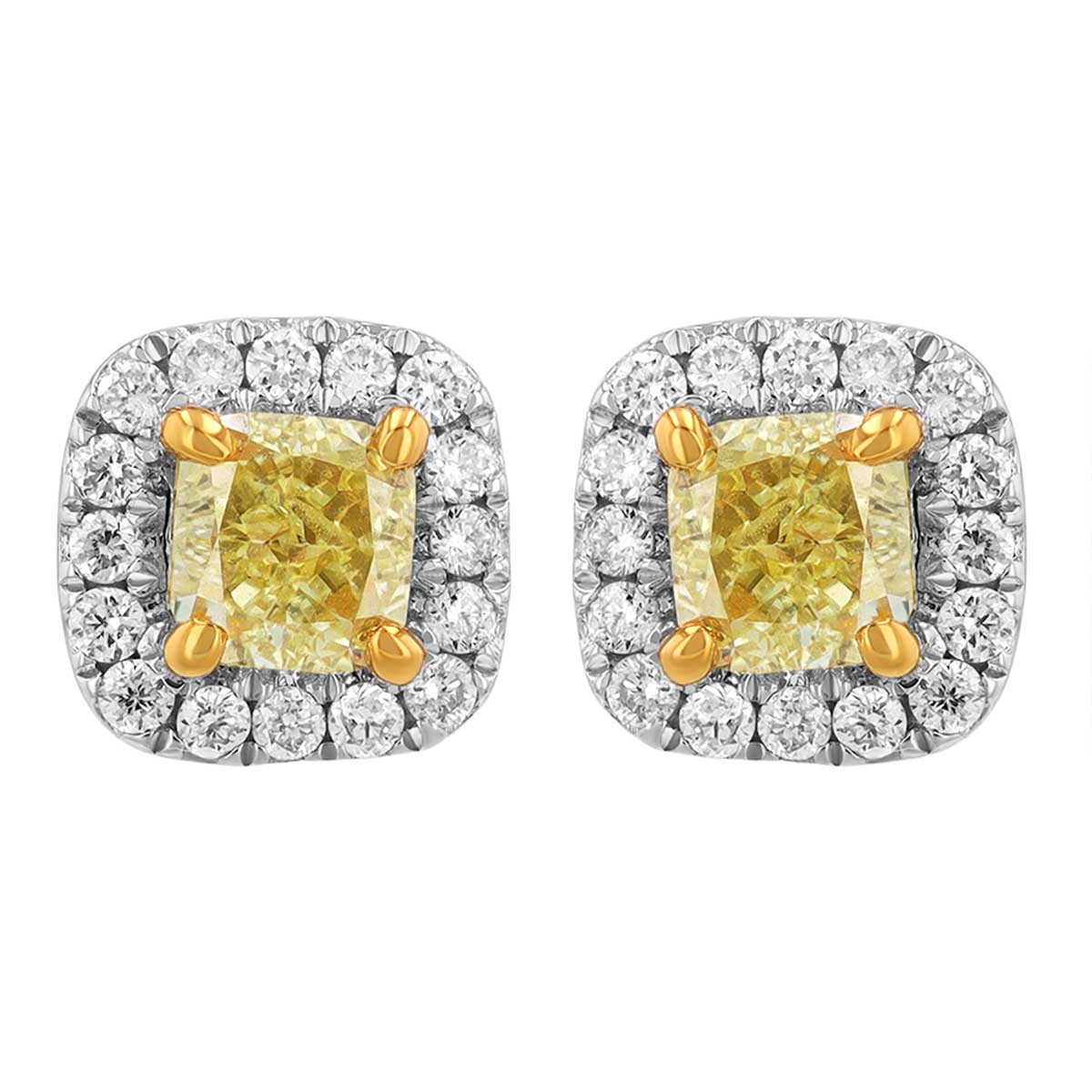 Cushion Cut Fancy Yellow Diamond & White Diamond Halo Stud Earrings in Two Tone