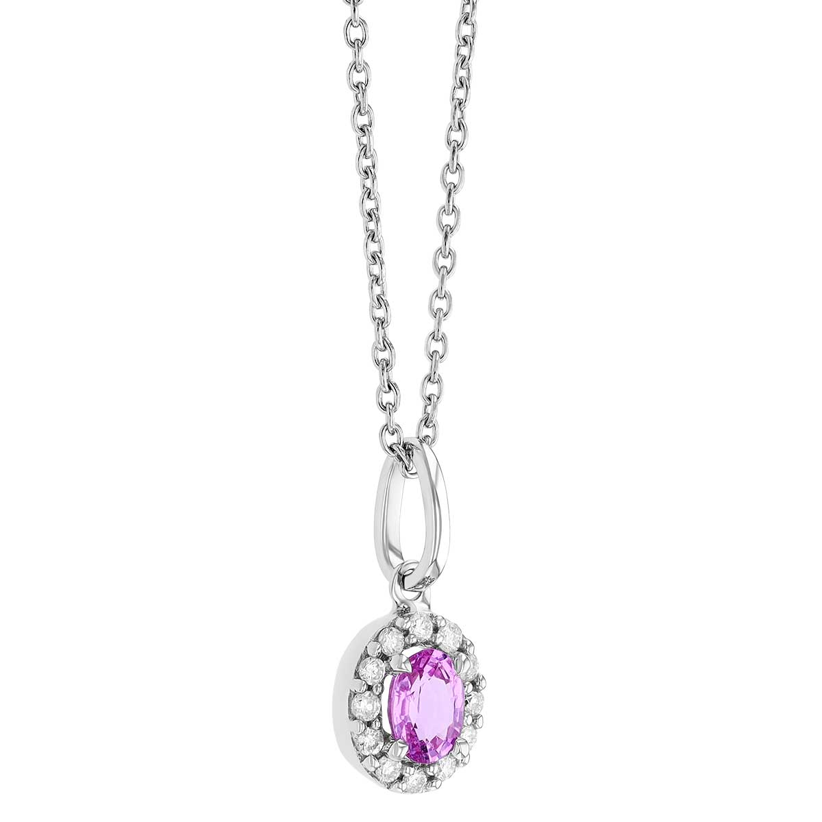 Oval Pink Sapphire & Diamond Halo Pendant in White Gold
