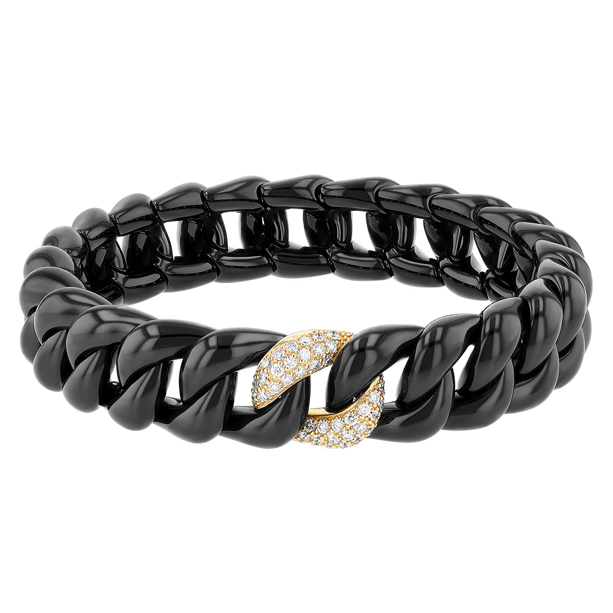 Demeglio Black Ceramic Curb Chain Stretch Bracelet & Diamond Pavé Link in Yellow Gold