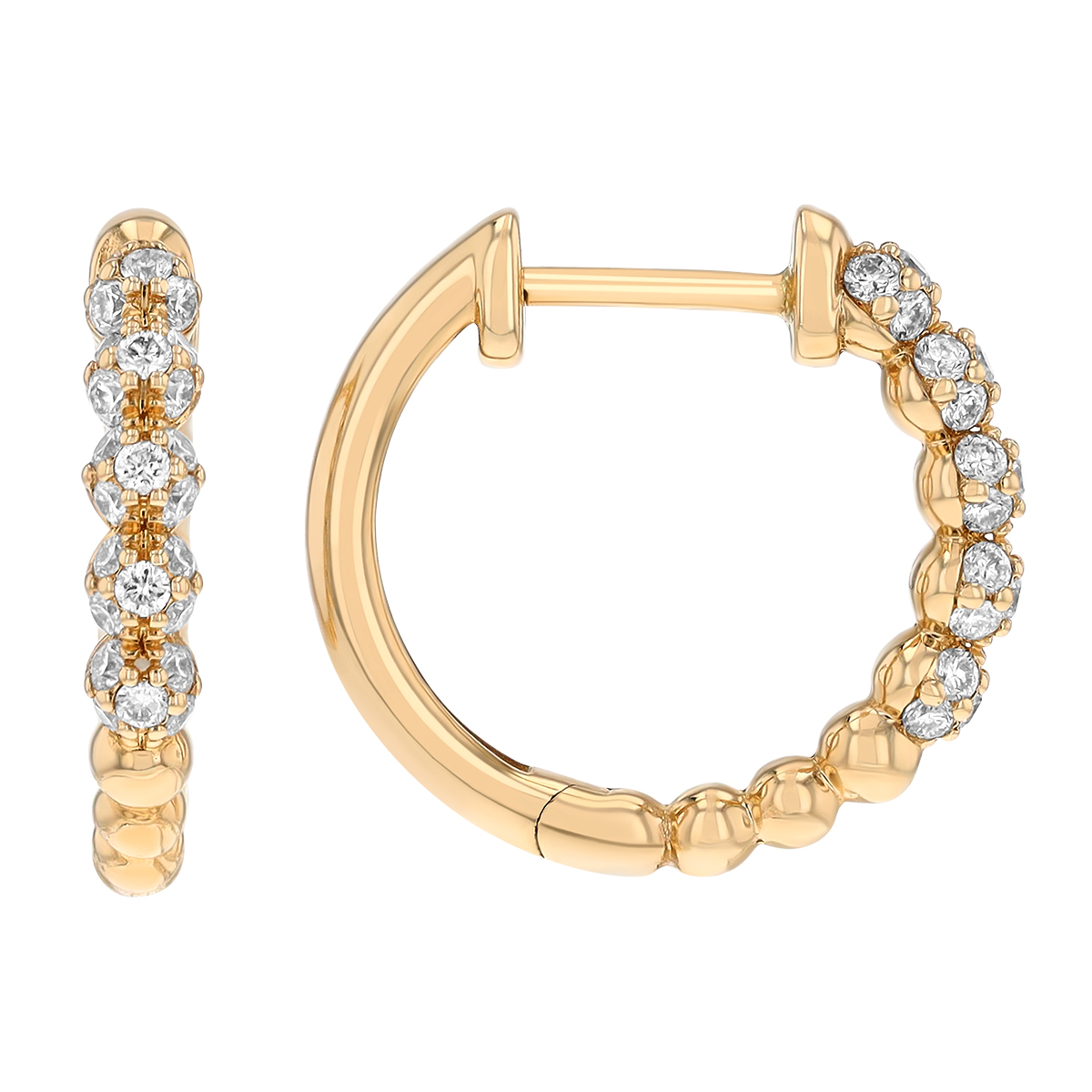 Diamond Cluster Beaded Huggie Hoop Earrings in Yellow Gold