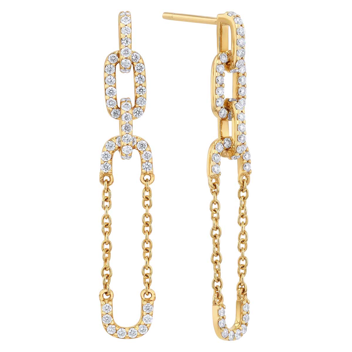 Diamond Link & Chain Dangle Earrings in Yellow Gold