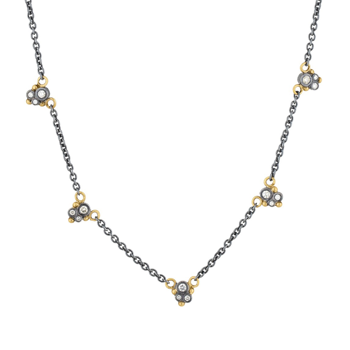 Lika Behar Dylan Diamond Cluster Station Necklace in Oxidized Silver & Yellow Gold, 18