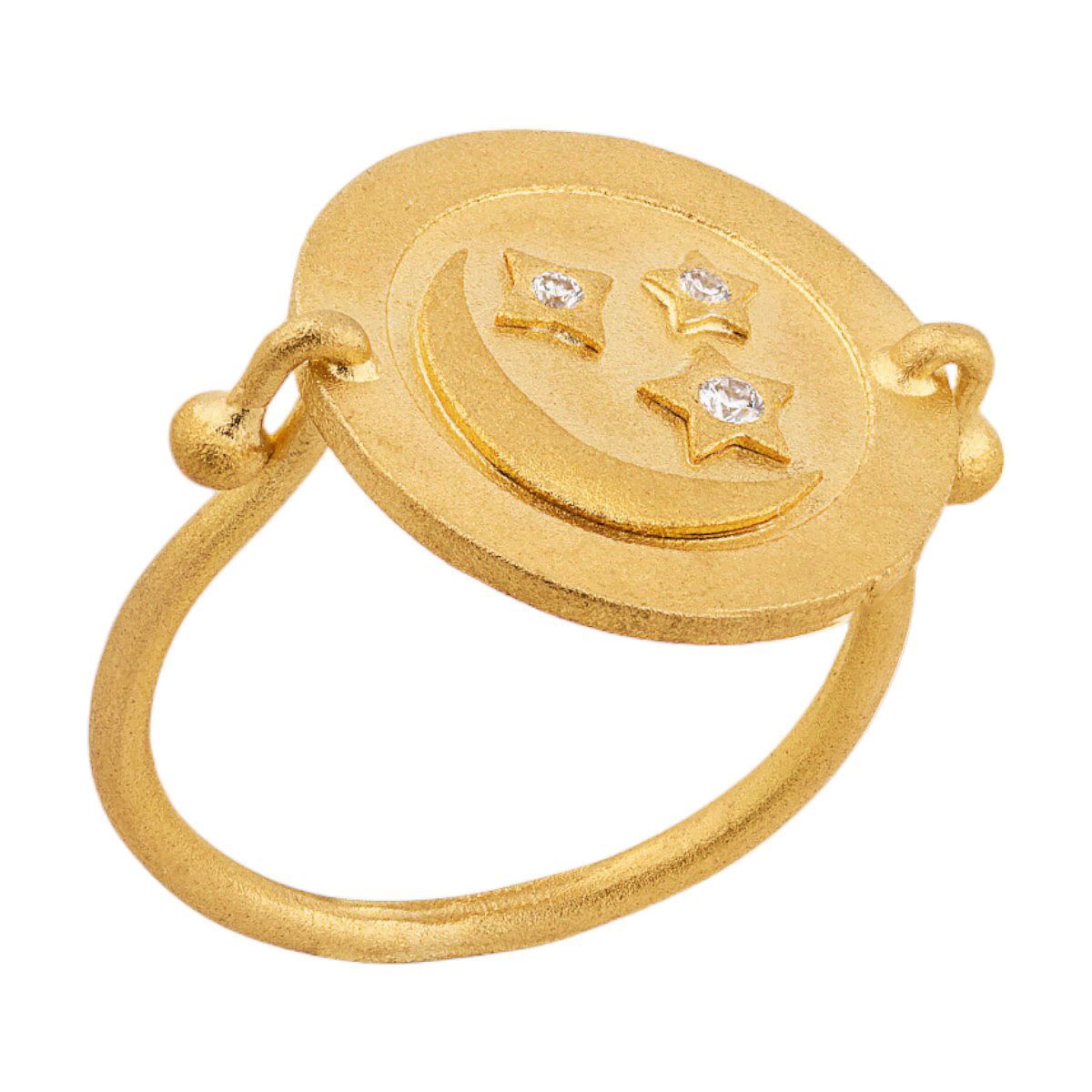 Lika Behar Medallion Crescent Moon & Stars Ring in Yellow Gold with Diamond Accents