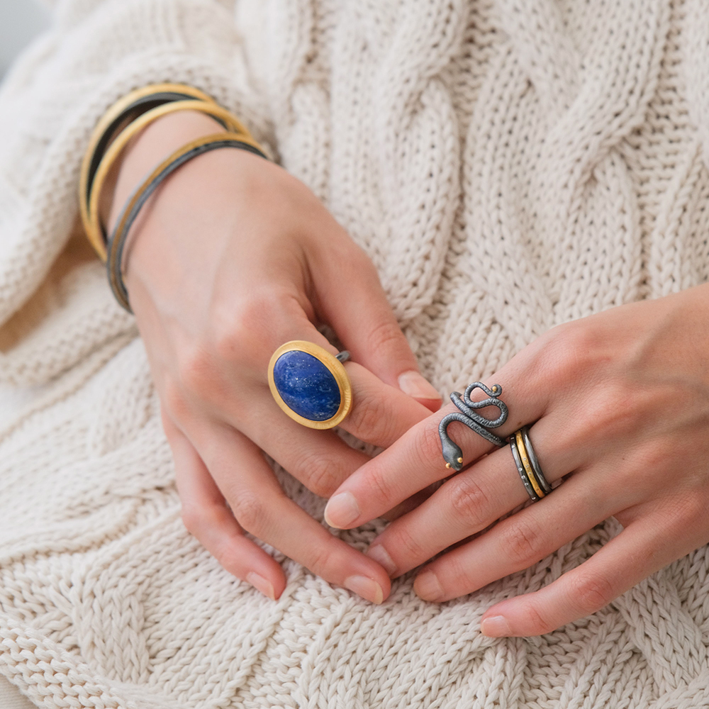 Lika Behar Hammered Oxidized Silver Ring with Diamond Accents