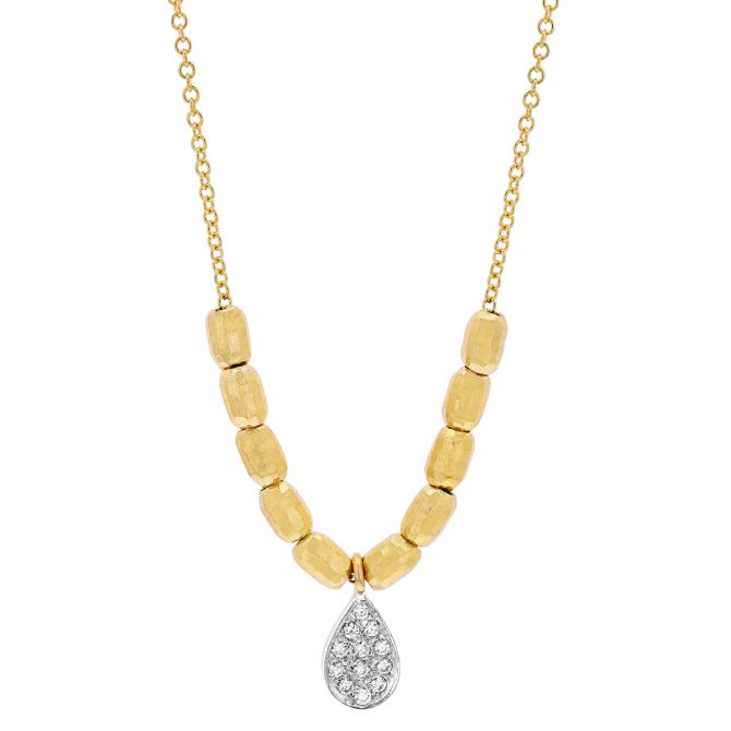 Marika Yellow Gold Barrel Bead Necklace with Diamond Pave Teardrop Pendant