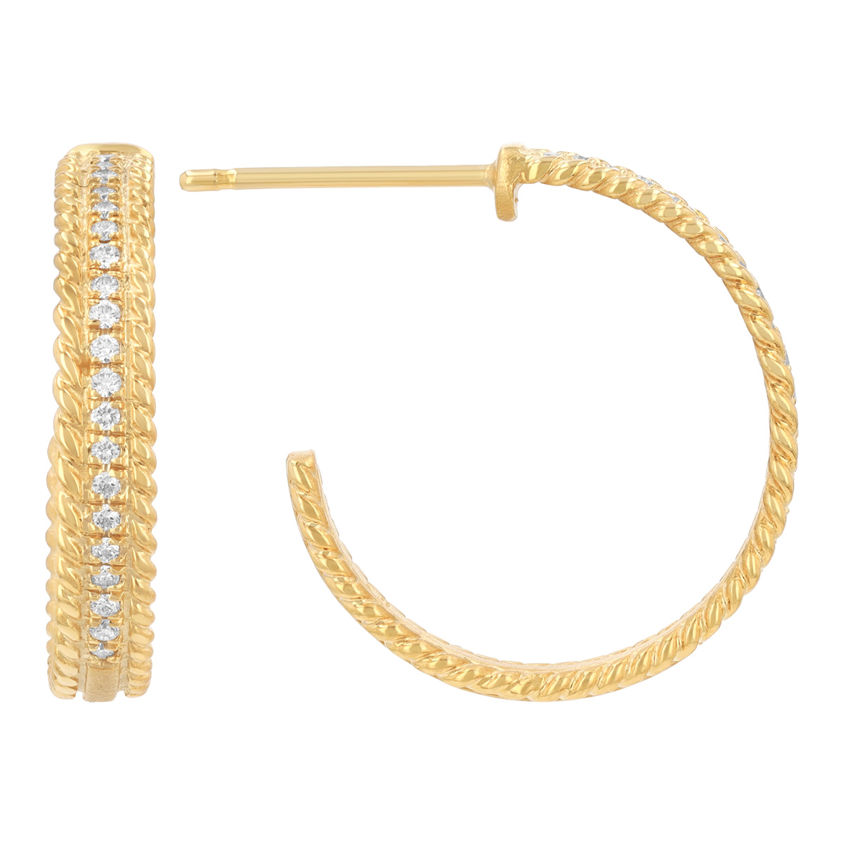 Marika Yellow Gold Rope Edge & Diamond Center Open Hoop Earrings