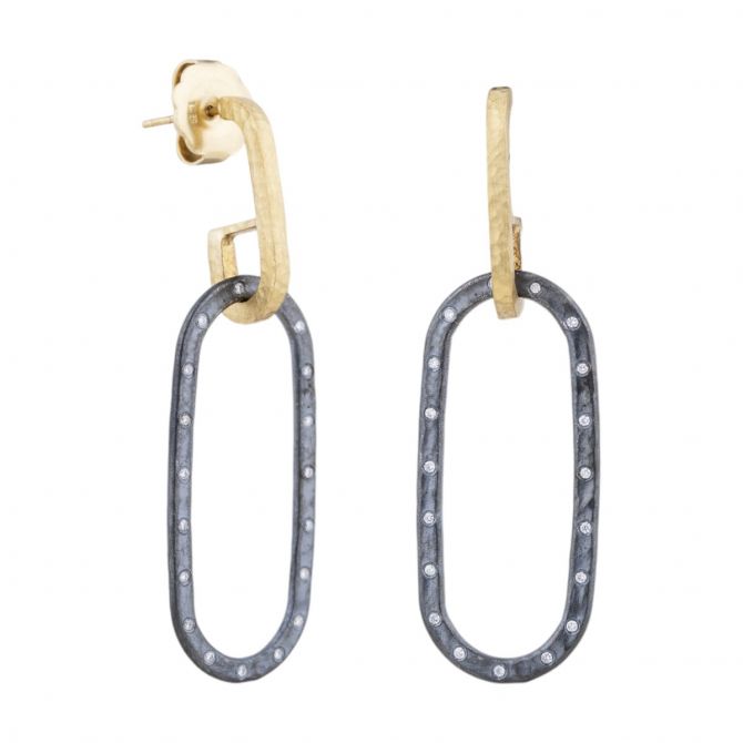 Lika Behar Caroline Diamond Oval Dangle Earrings in Oxidized Silver & Yellow Gold