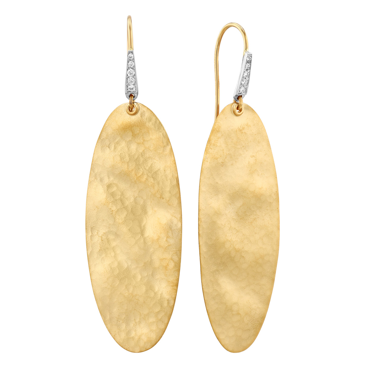 Marika Hammered Yellow Gold Large Oval Dangle Earrings with Diamonds