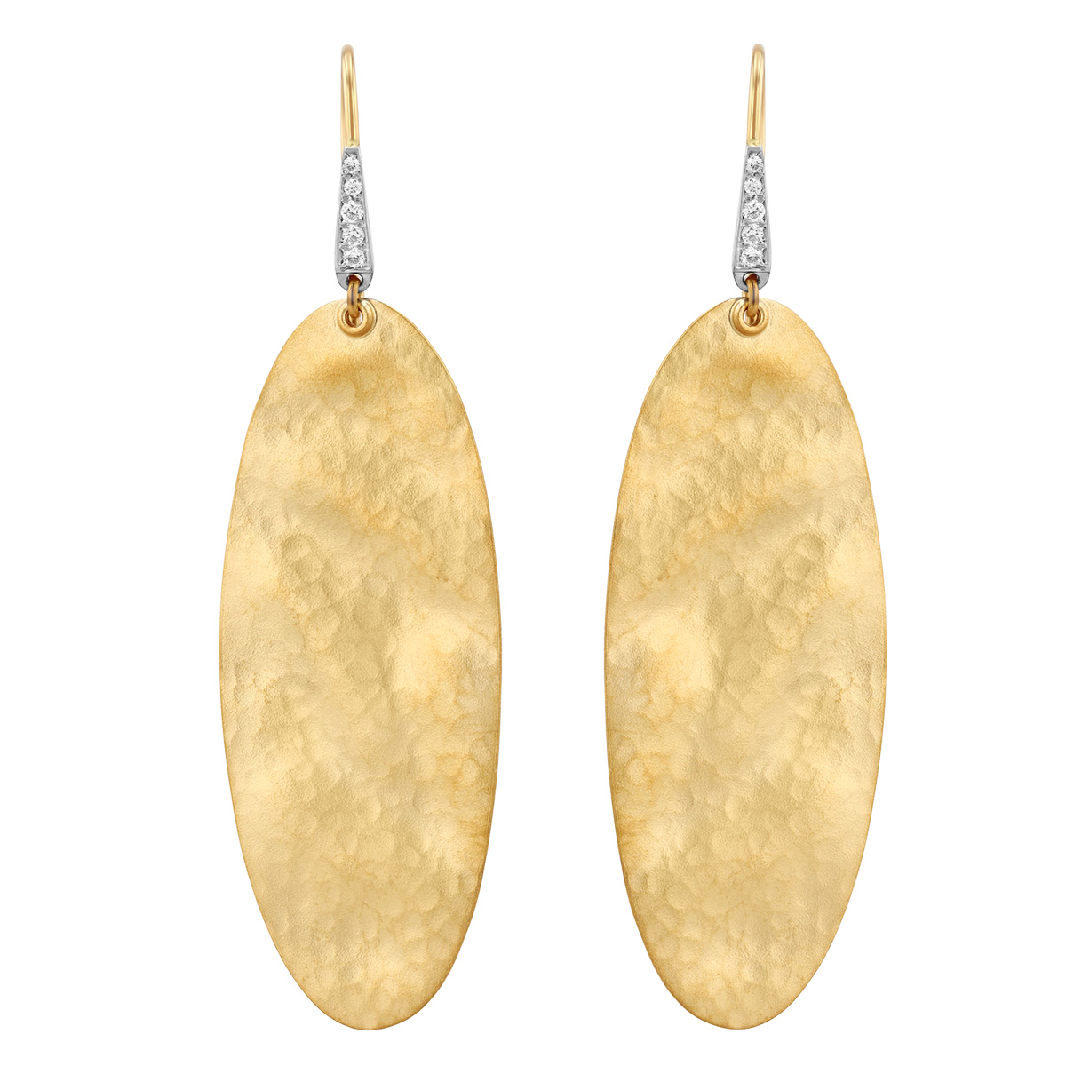 Marika Hammered Yellow Gold Large Oval Dangle Earrings with Diamonds