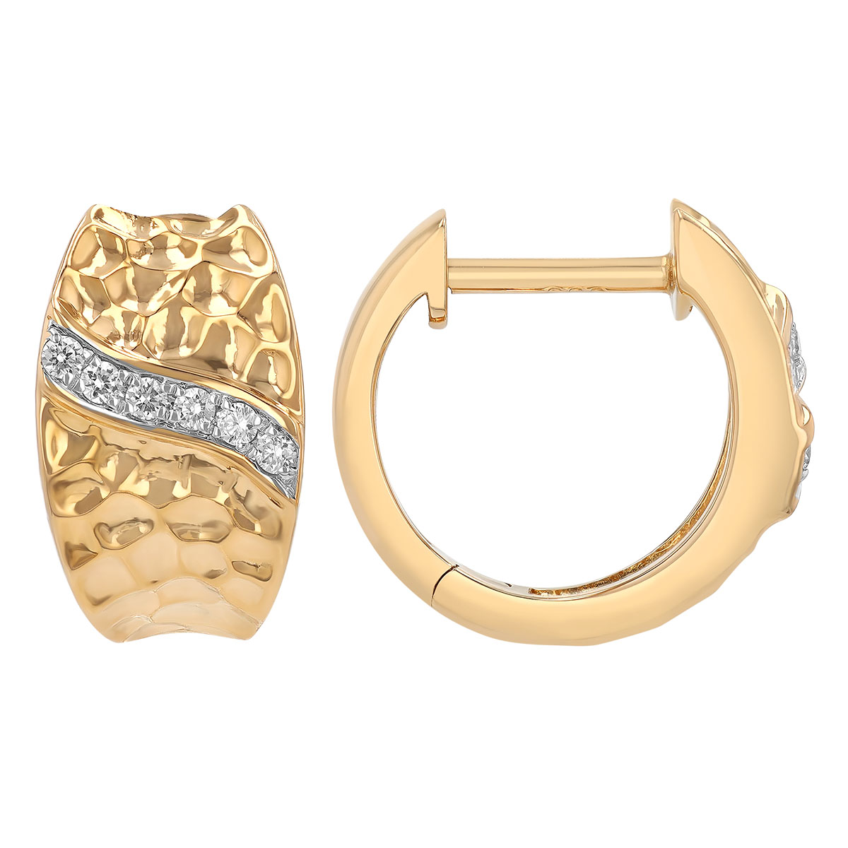 Diamond Wave Huggie Hoop Earrings in Hammered Yellow Gold