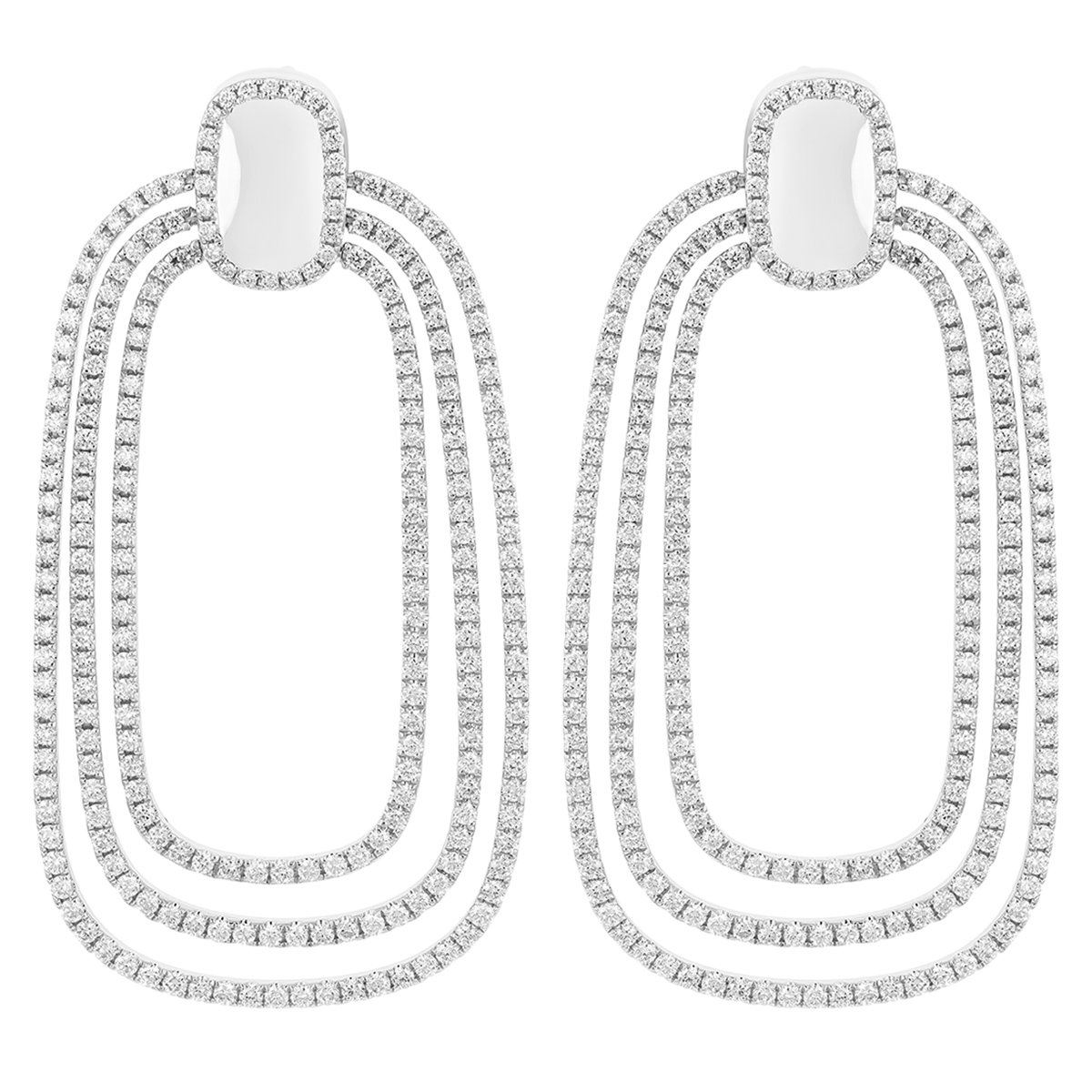 Diamond Triple Rounded Rectangle Dangle Earrings in White Gold