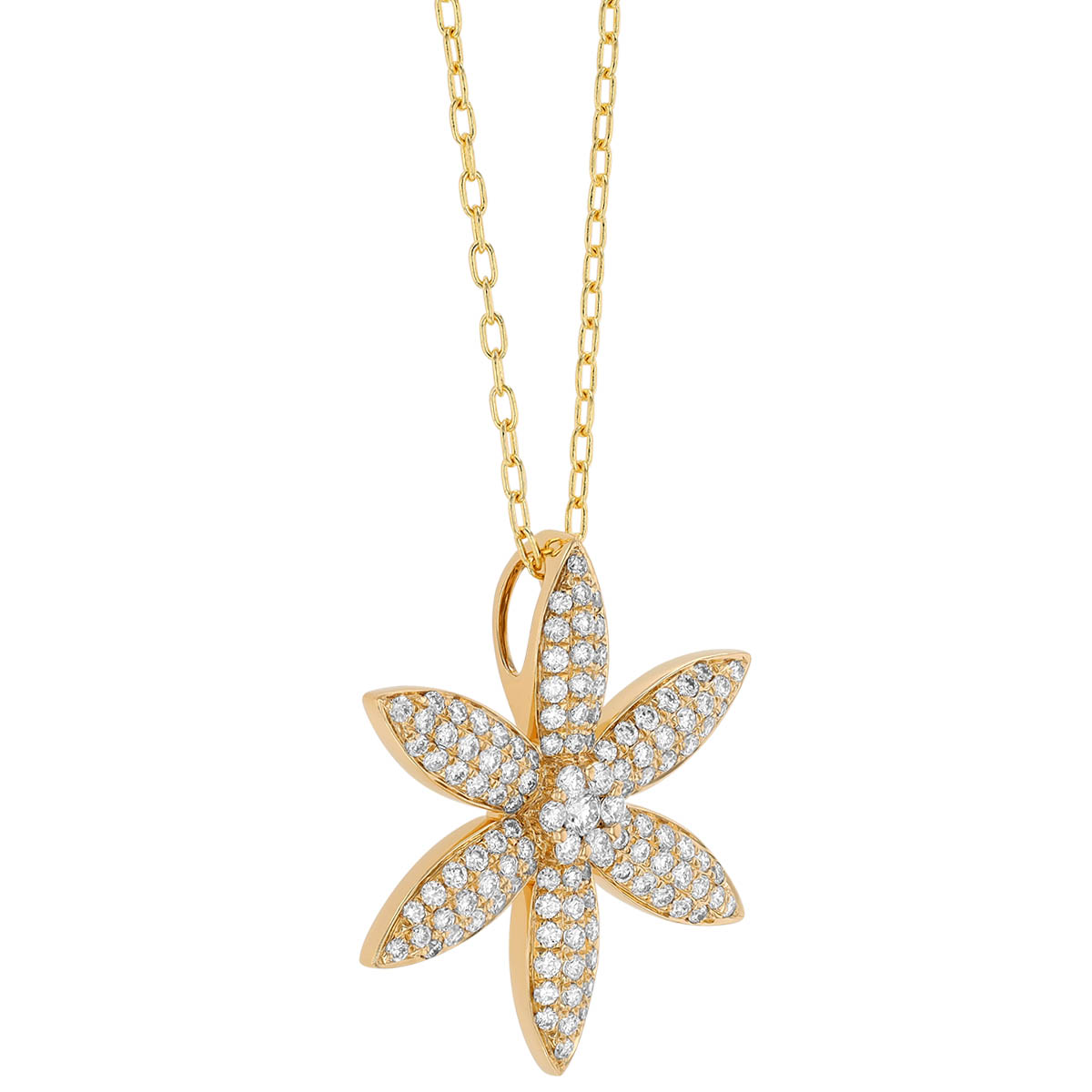 Diamond Pave 6 Petal Flower Pendant in Yellow Gold