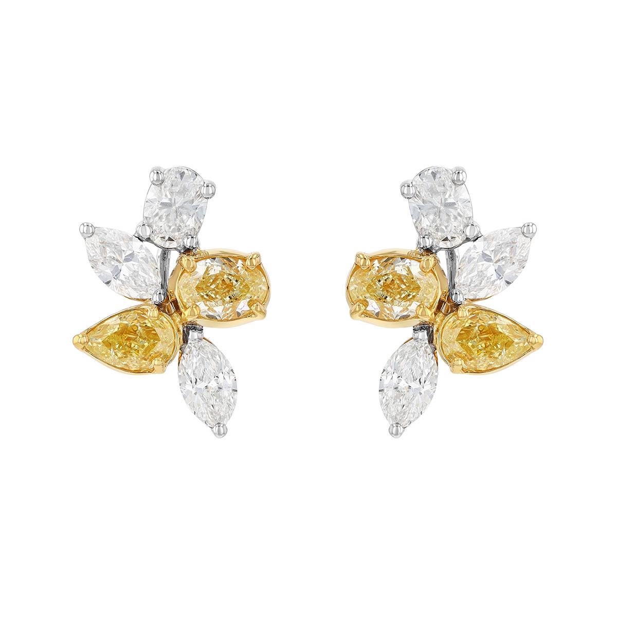 Multi Shape Yellow & White Diamond Cluster Stud Earrings in White Gold