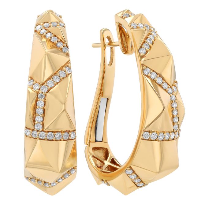 Diamond Geometric Pattern J-Hoop Earrings in Yellow Gold