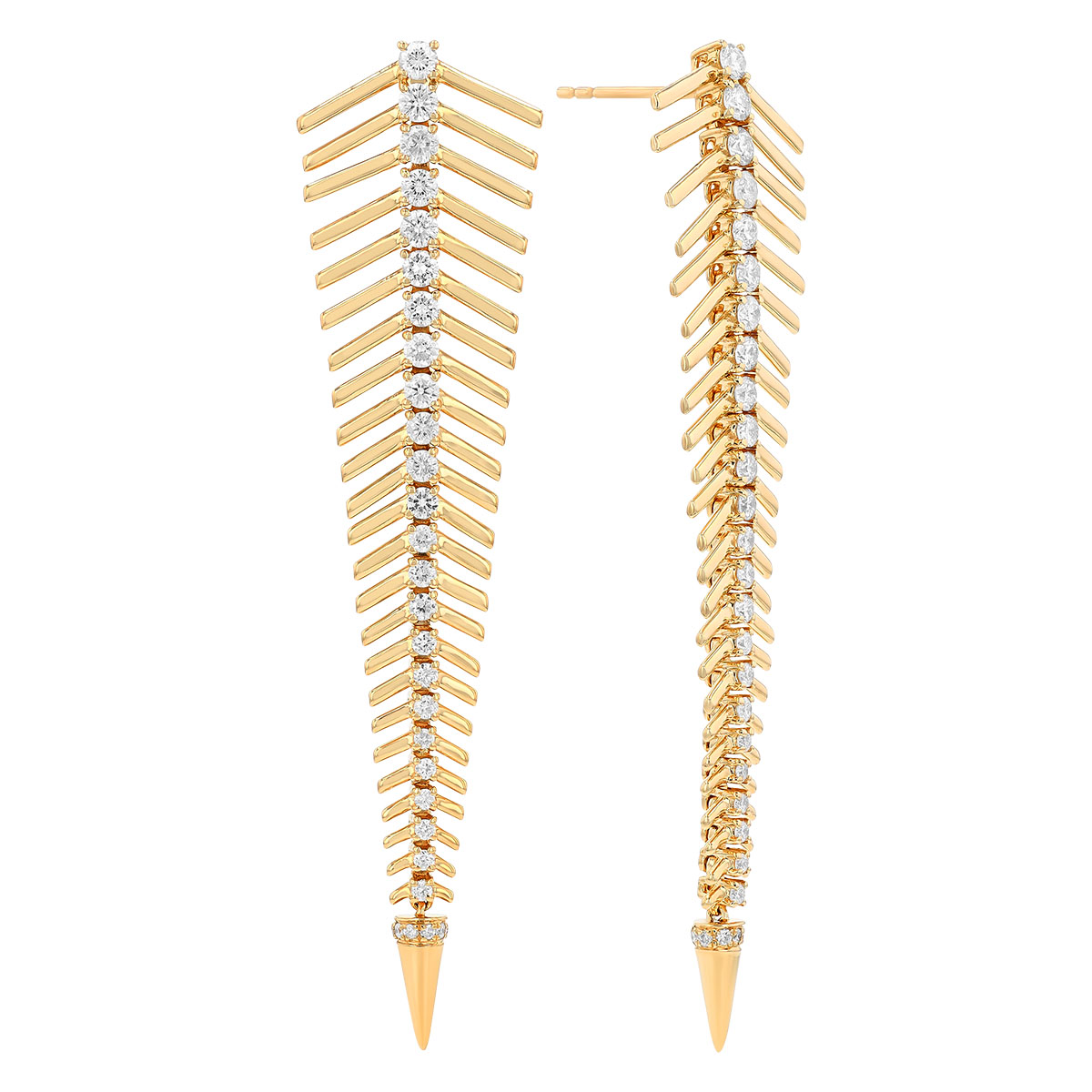 Diamond Column Feather Dangle Earrings in Yellow Gold