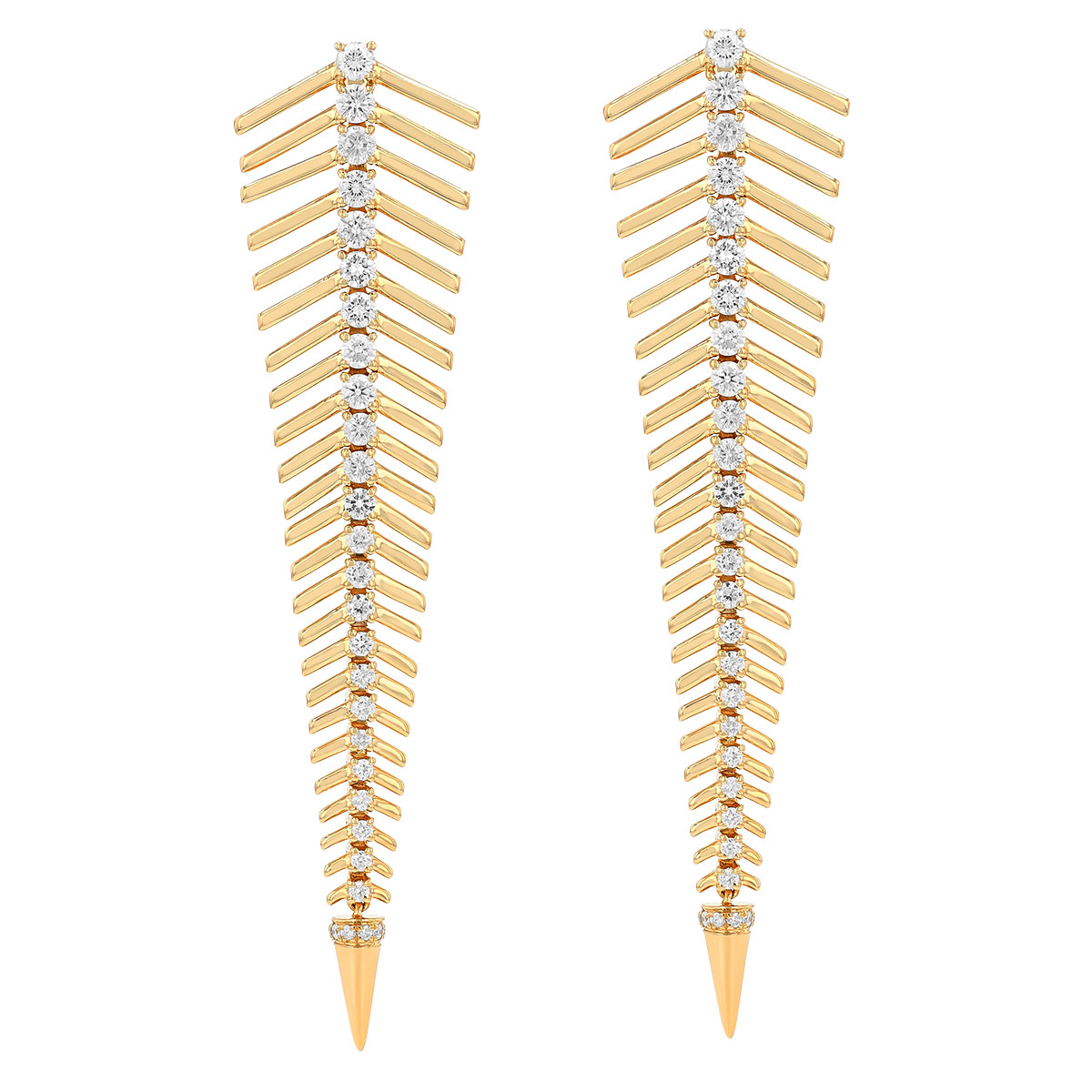 Diamond Column Feather Dangle Earrings in Yellow Gold