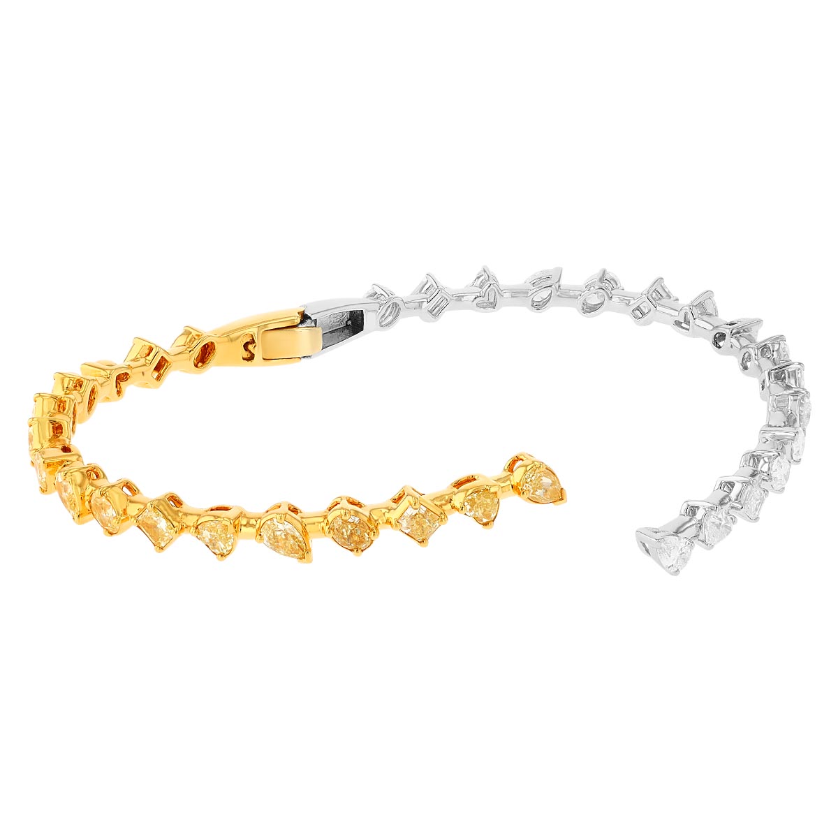 Multi-Shaped Yellow & White Diamond Bypass Bangle Bracelet in Two Tone