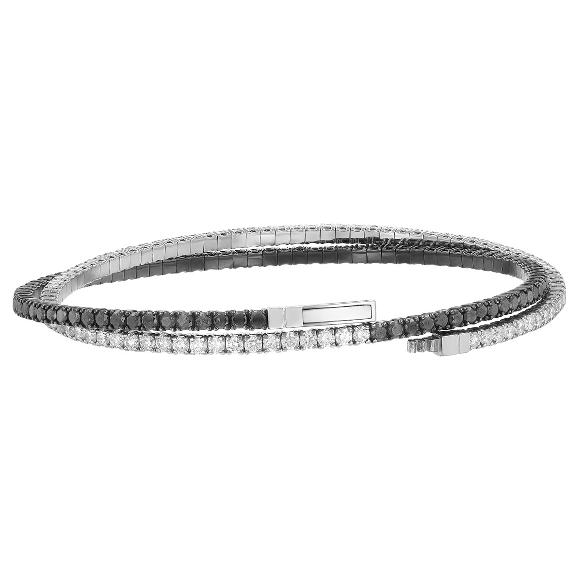 Black & White Diamond Two Row Wrap Bracelet in White Gold & Black Rhodium