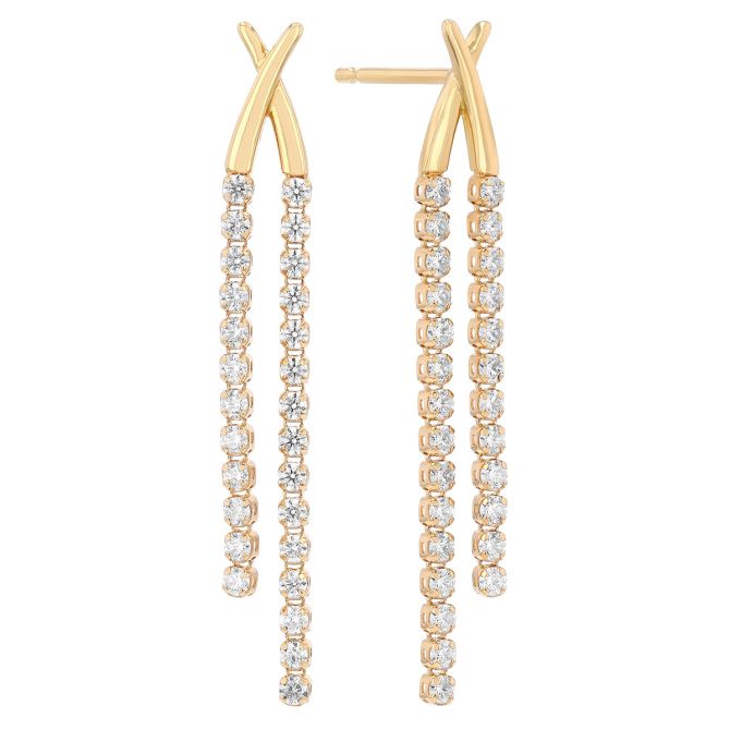 Diamond Double Column Dangle X Earrings in Yellow Gold
