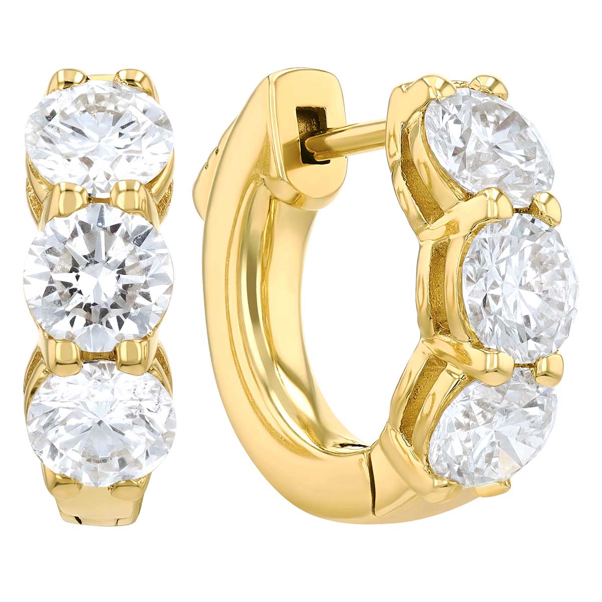 Round Diamond Trio Huggie Hoop Earrings in Yellow Gold, 1.86 cttw
