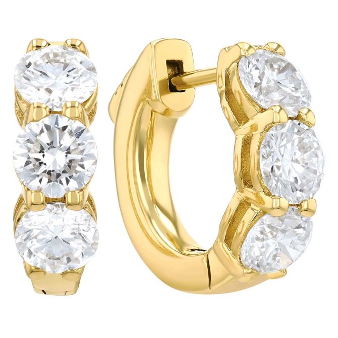 Round Diamond Trio Huggie Hoop Earrings in Yellow Gold, 1.86 cttw
