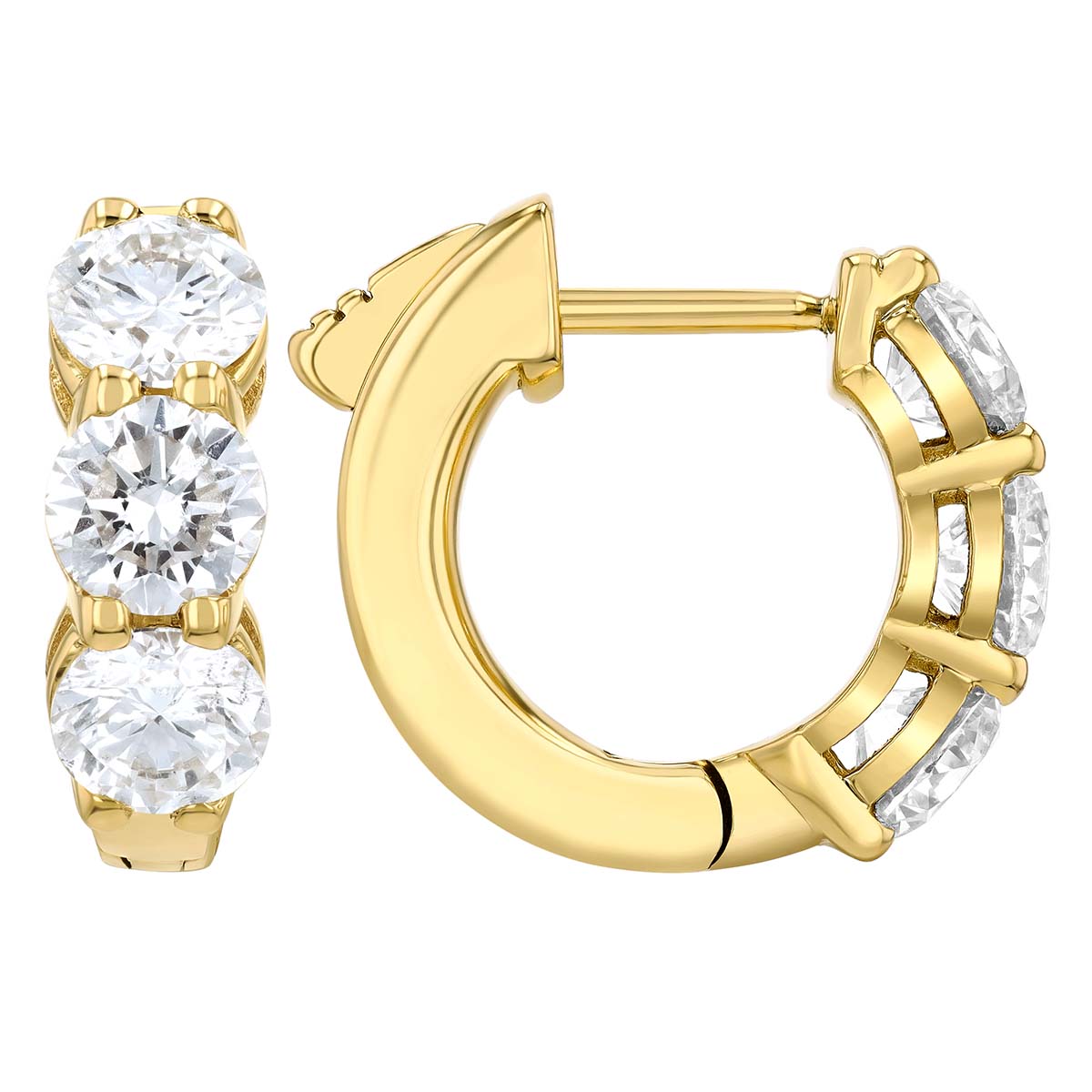 Round Diamond Trio Huggie Hoop Earrings in Yellow Gold, 1.86 cttw