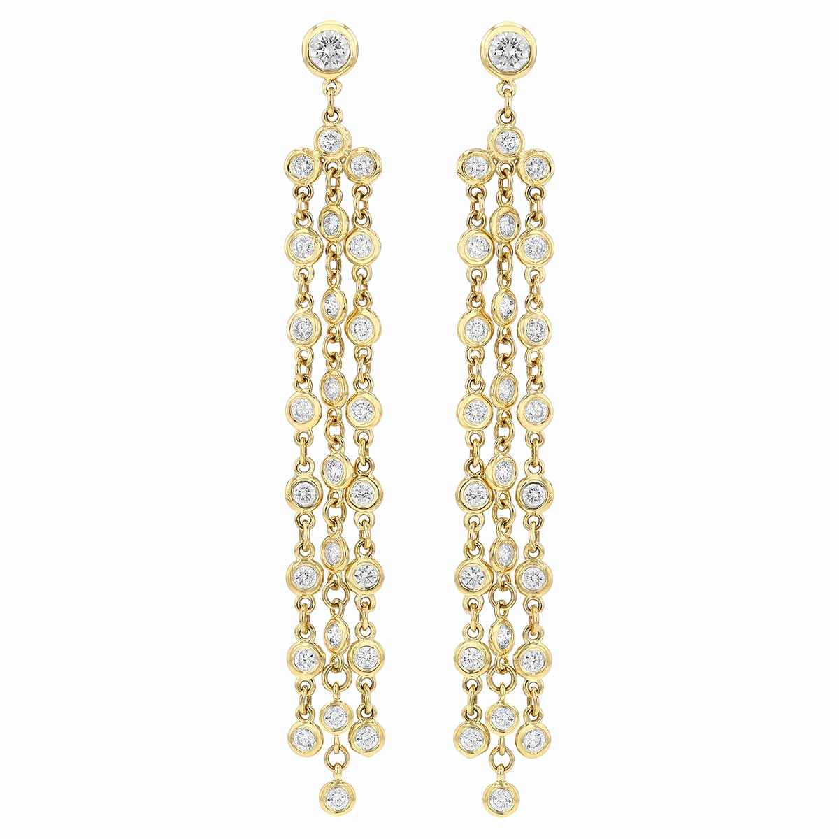 Round Diamond Station Triple Column Dangle Earrings in Yellow Gold