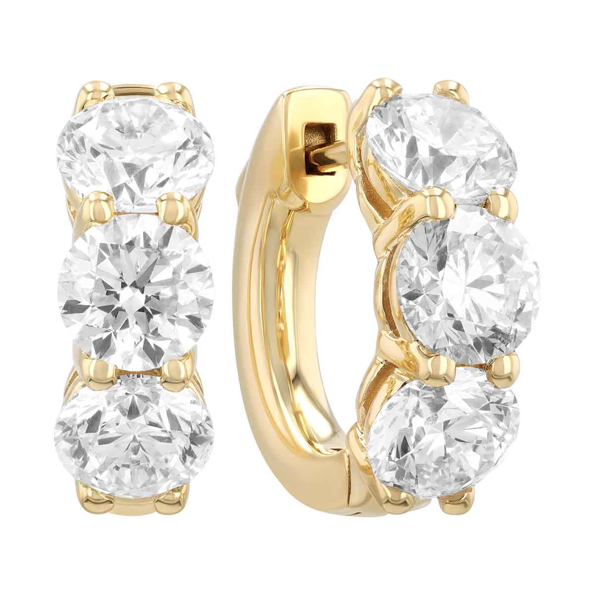 Round Diamond Trio Huggie Hoop Earrings in Yellow Gold, 3.03 cttw