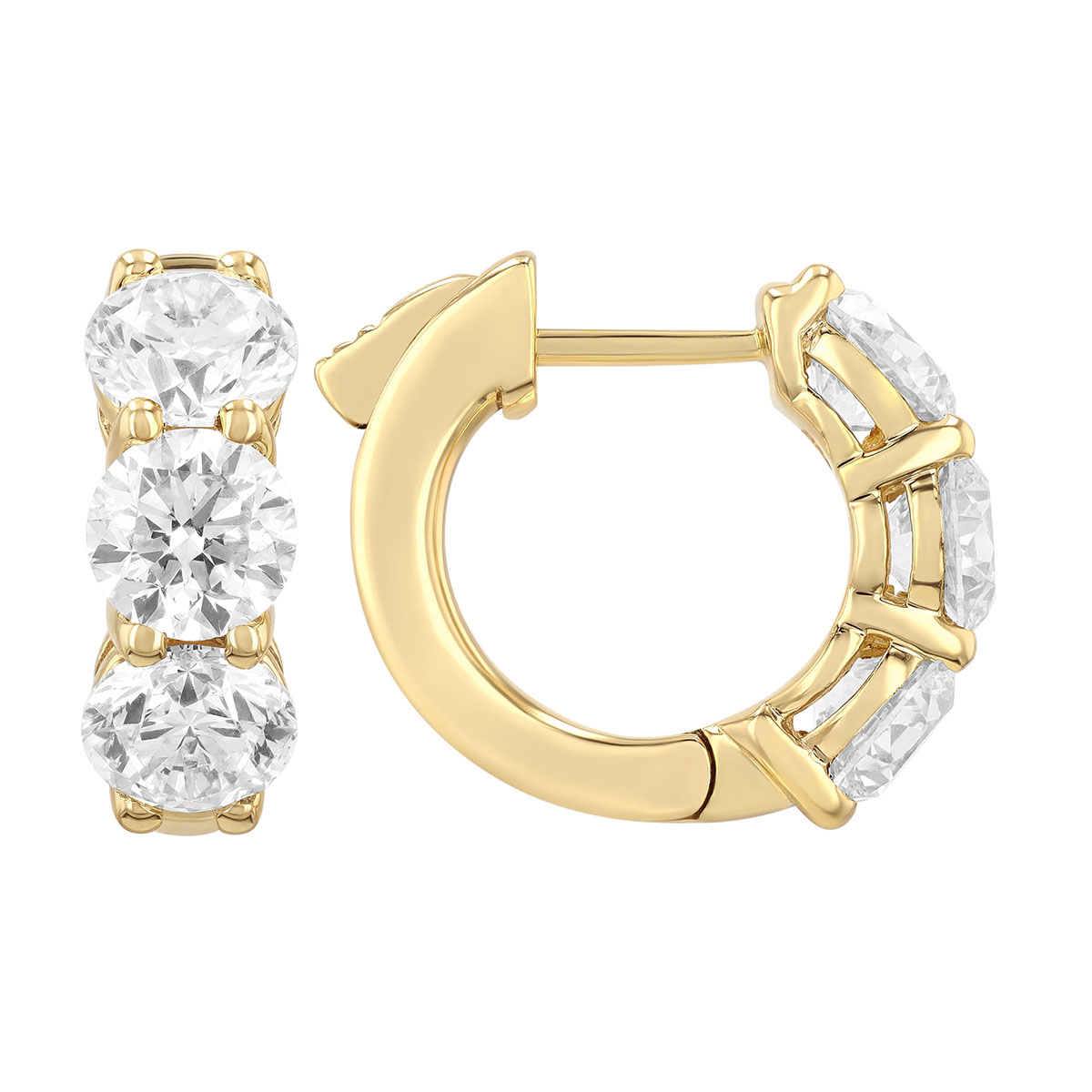 Round Diamond Trio Huggie Hoop Earrings in Yellow Gold, 3.03 cttw