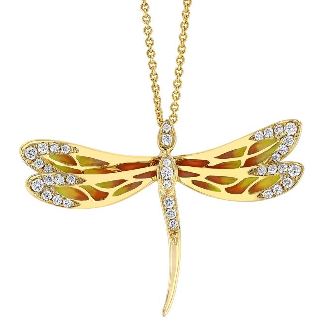 Diamond & Yellow-Orange Enamel Drafonfly Pendant in Yellow Gold, 18"