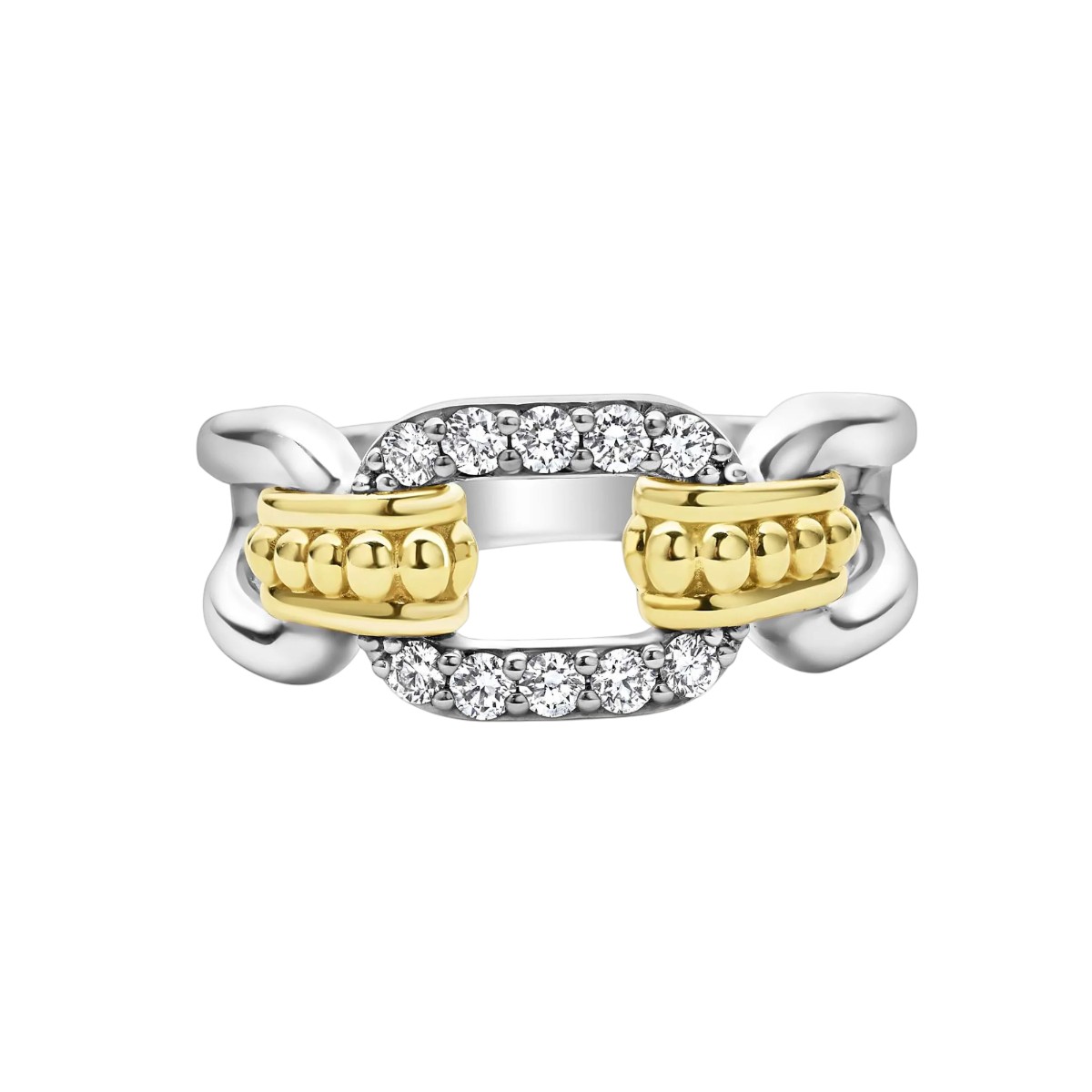 Lagos Signature Caviar Two-Tone Link Diamond Ring, Size 7