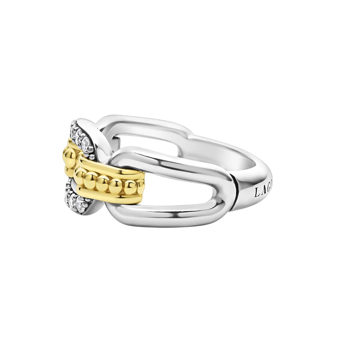 Lagos Signature Caviar Two-Tone Link Diamond Ring, Size 7
