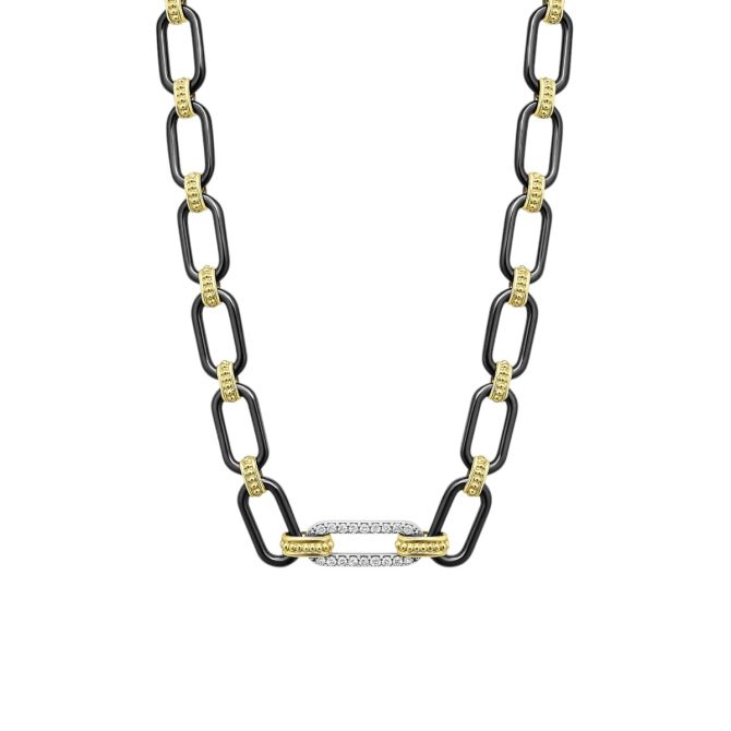 LAGOS Signature Caviar 18K Gold and Black Ceramic Diamond 6mm Necklace, 18"