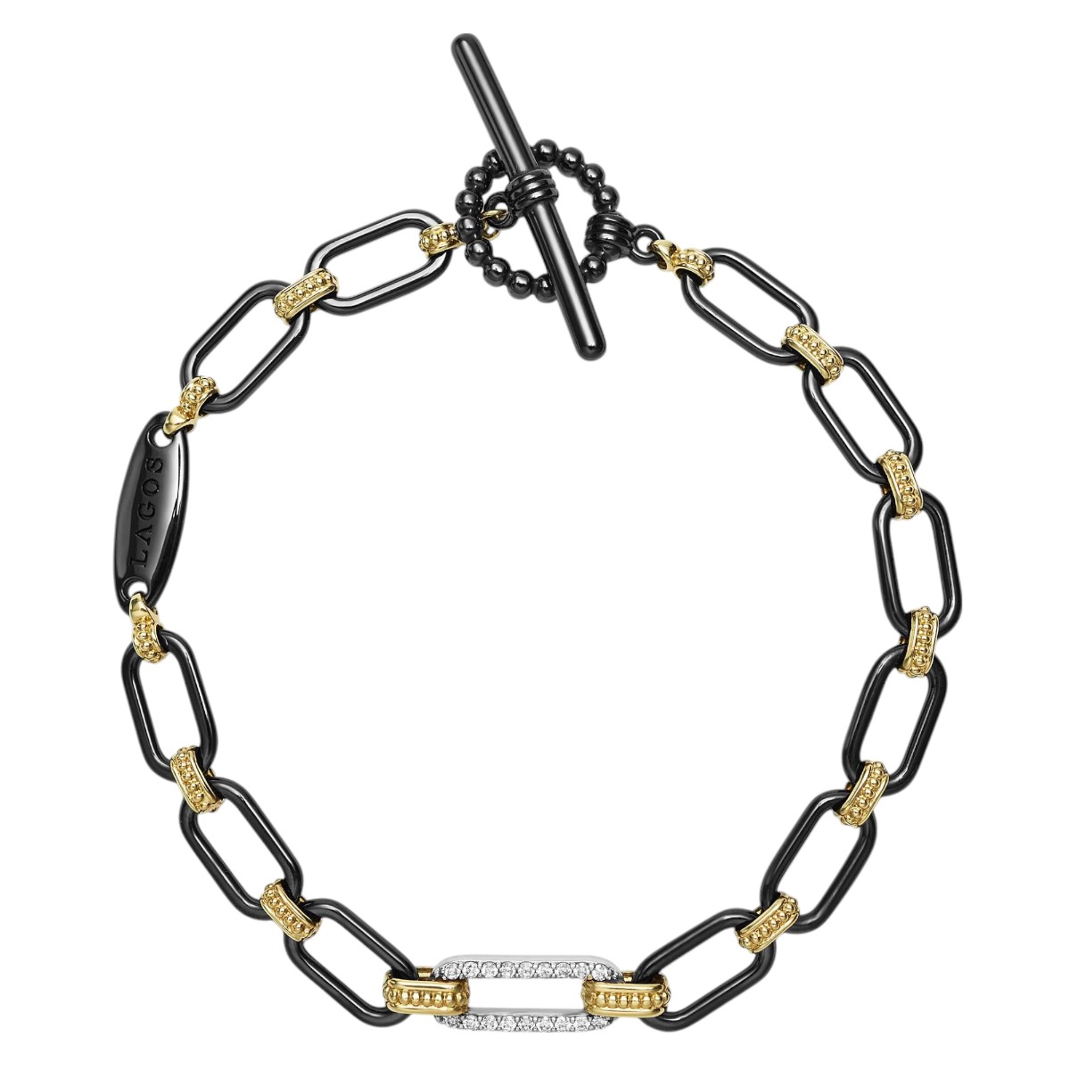 LAGOS Signature Caviar 18K Gold and Black Ceramic Diamond 6mm Station Link Bracelet, Medium