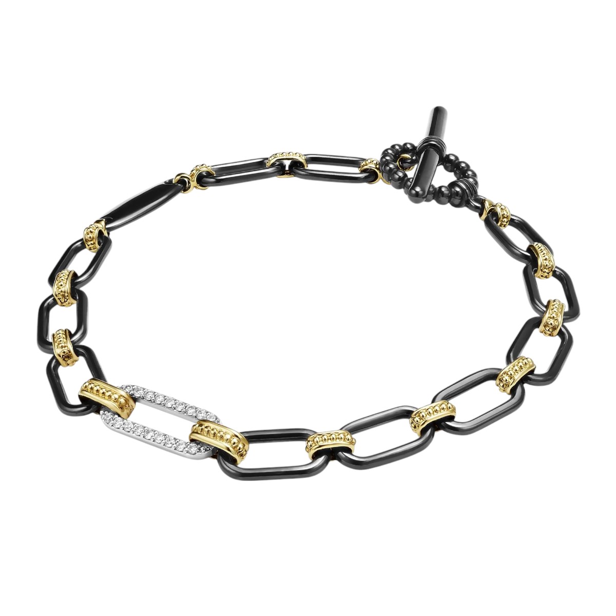 LAGOS Signature Caviar 18K Gold and Black Ceramic Diamond 6mm Station Link Bracelet, Medium