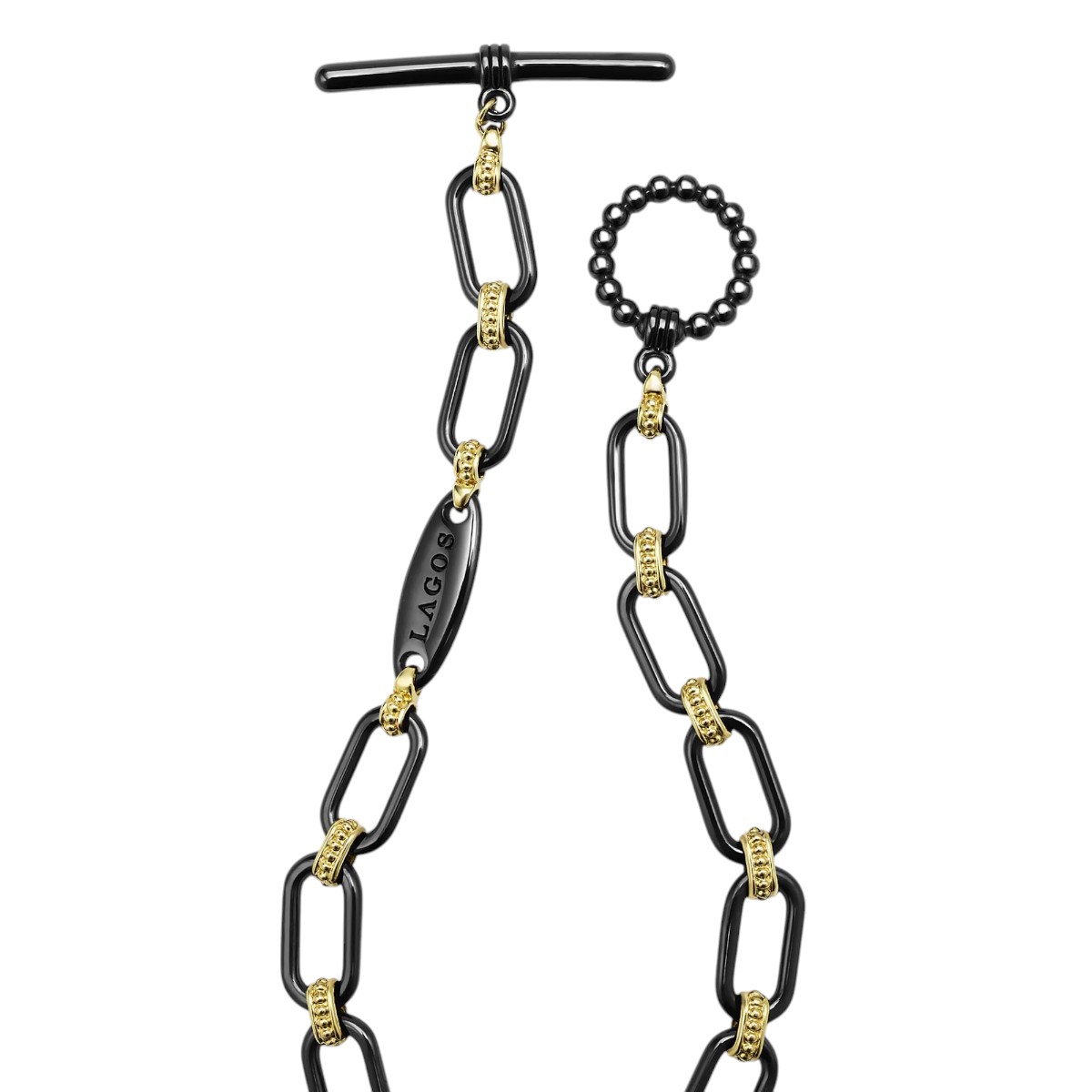 LAGOS Signature Caviar 18K Gold and Black Ceramic Diamond 6mm Station Link Bracelet, Medium