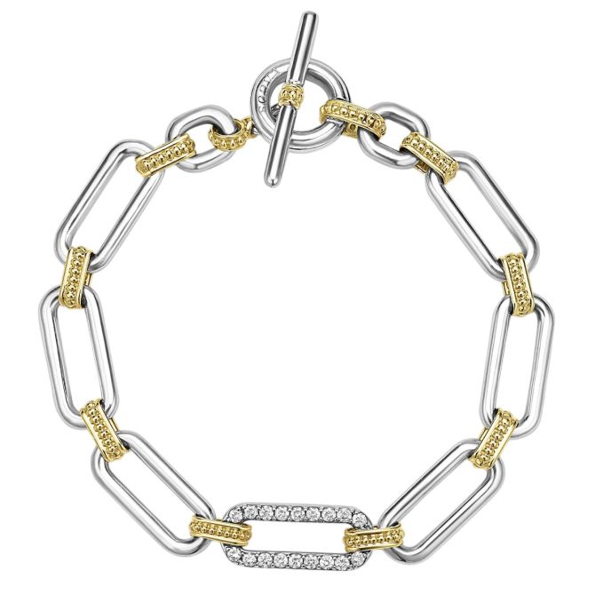LAGOS Signature Caviar Diamond Link Bracelet in Sterling Silver & Yellow Gold, 7.5"