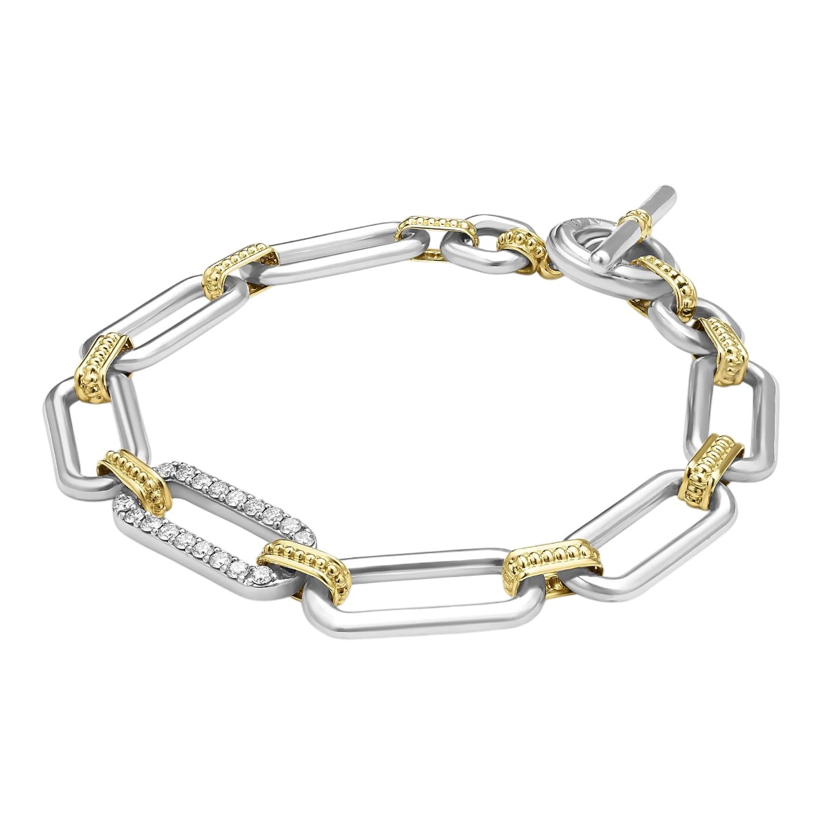 LAGOS Signature Caviar Diamond Link Bracelet in Sterling Silver & Yellow Gold, 7.5