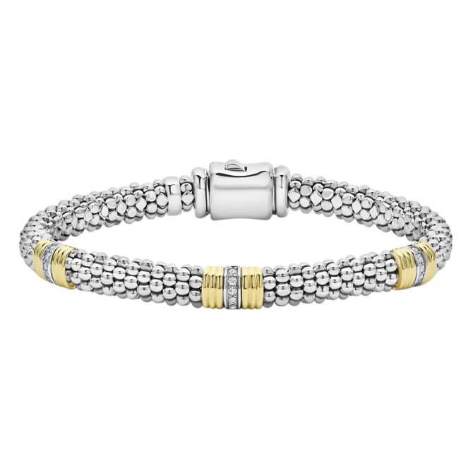 LAGOS Signature Caviar Triple Diamond & Yellow Gold Station Bracelet in Sterling Silver, 7"