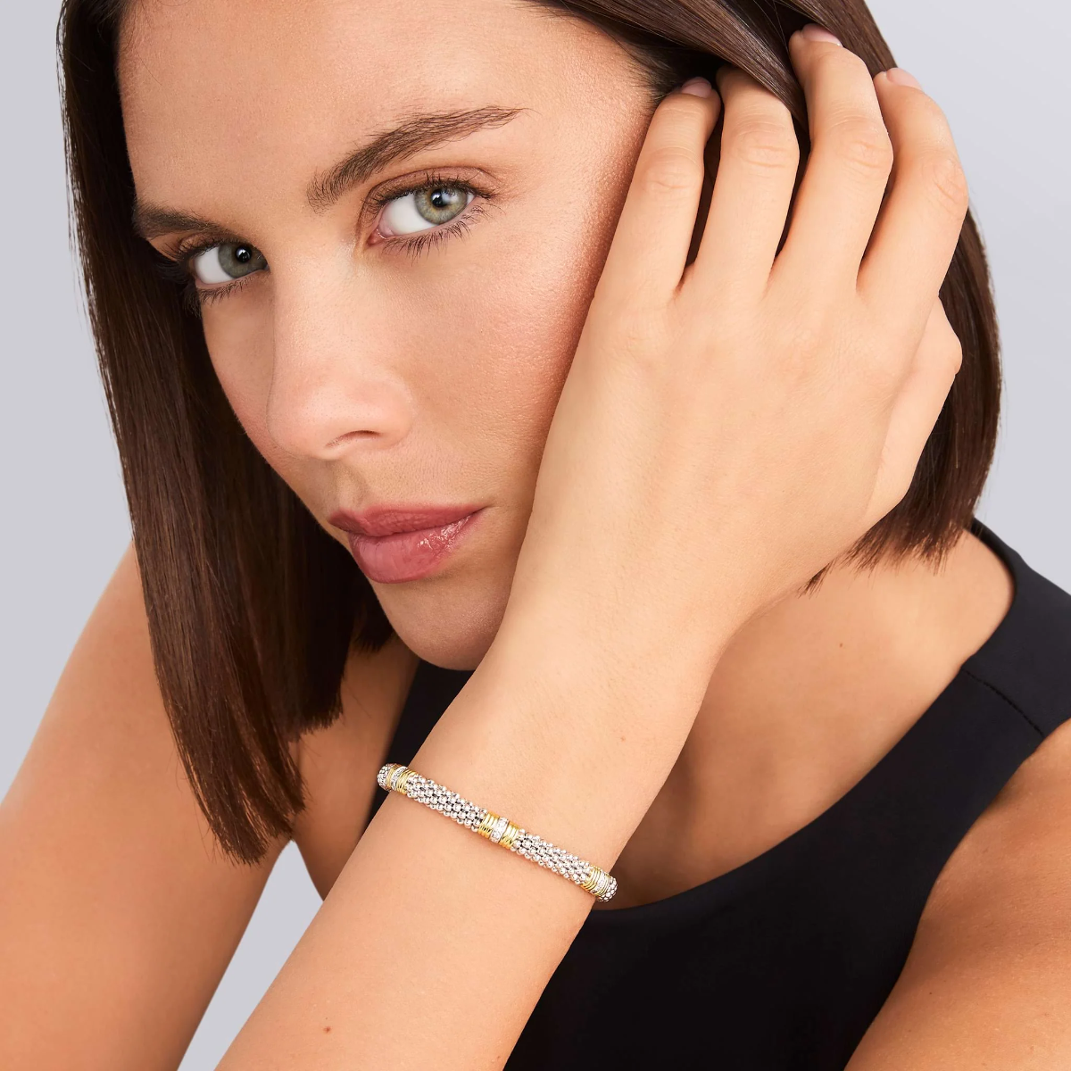 LAGOS Signature Caviar Triple Diamond & Yellow Gold Station Bracelet in Sterling Silver, 7