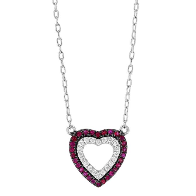 Ruby & Diamond Double Heart Pendant in White Gold & Black Rhodium
