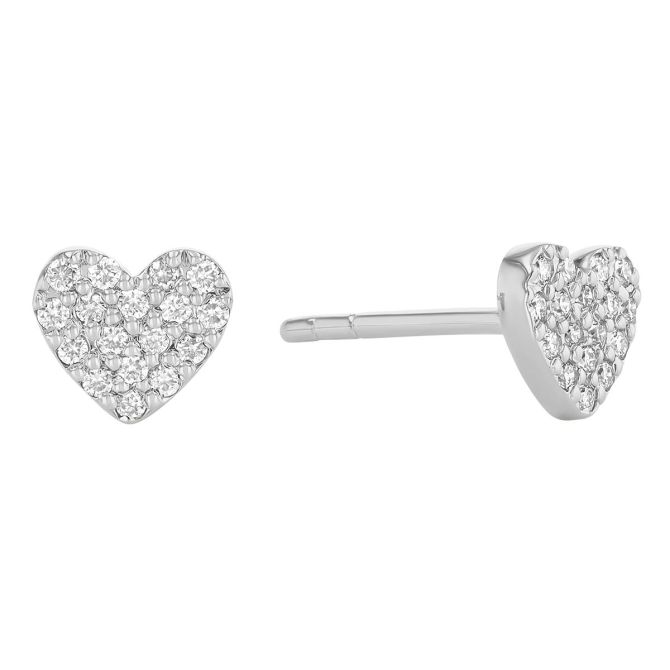 Diamond Pave Dainty Heart Stud Earrings in White Gold