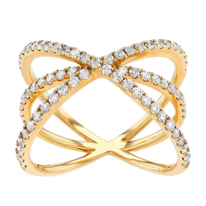 Diamond 3 Row Crossover Wide Ring in Yellow Gold